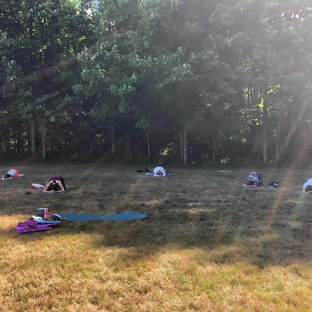 Yoga Students in Child's Pose on a Lawn